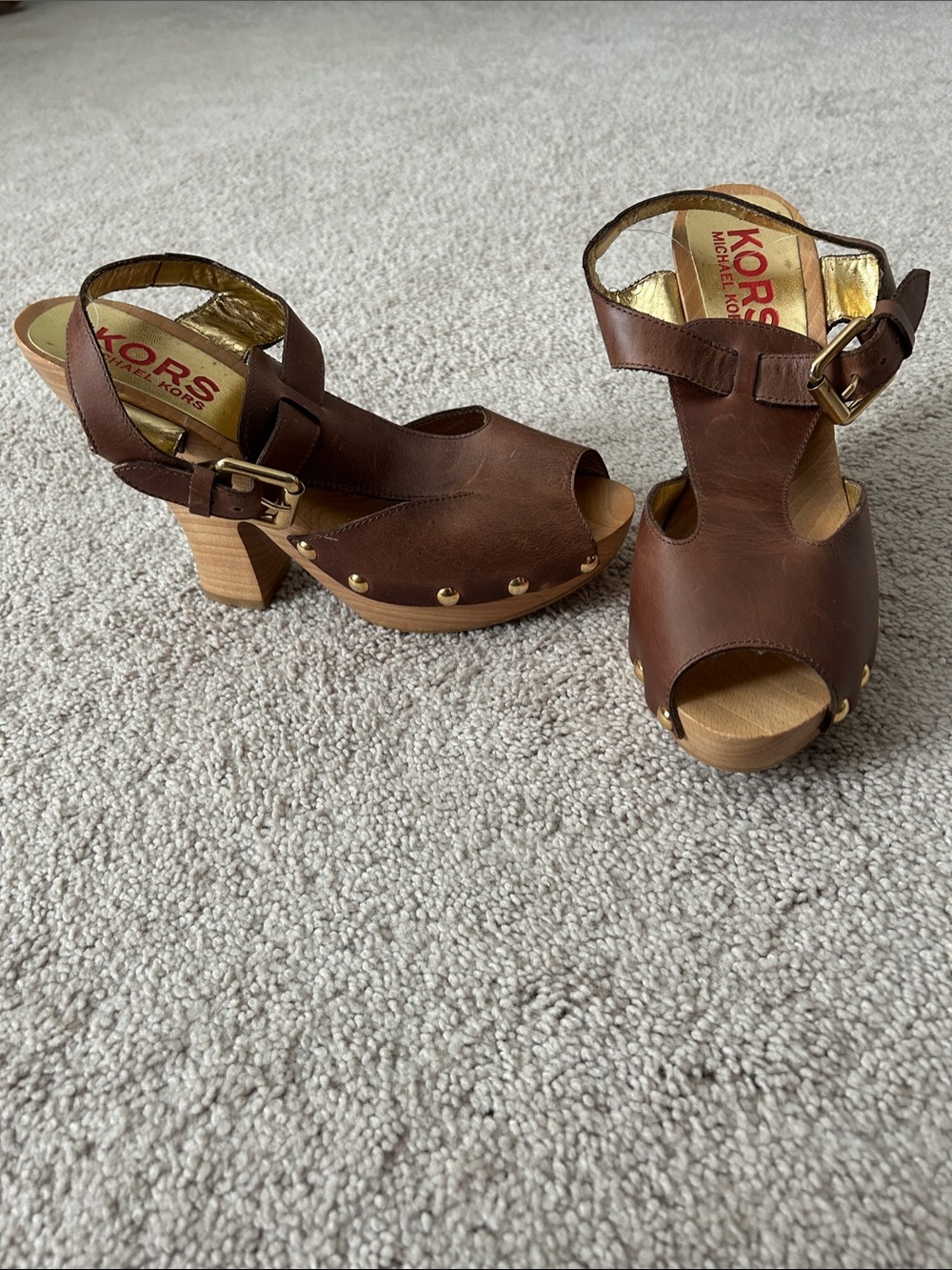 Michael Kors Brown Leather Studded Platform Sandals